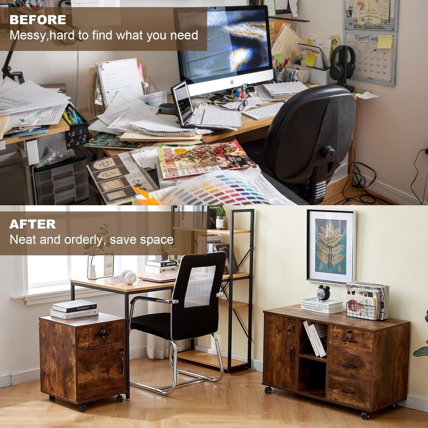 Rustic Brown Mobile File Cabinet Set 40cm Lockable Under Desk