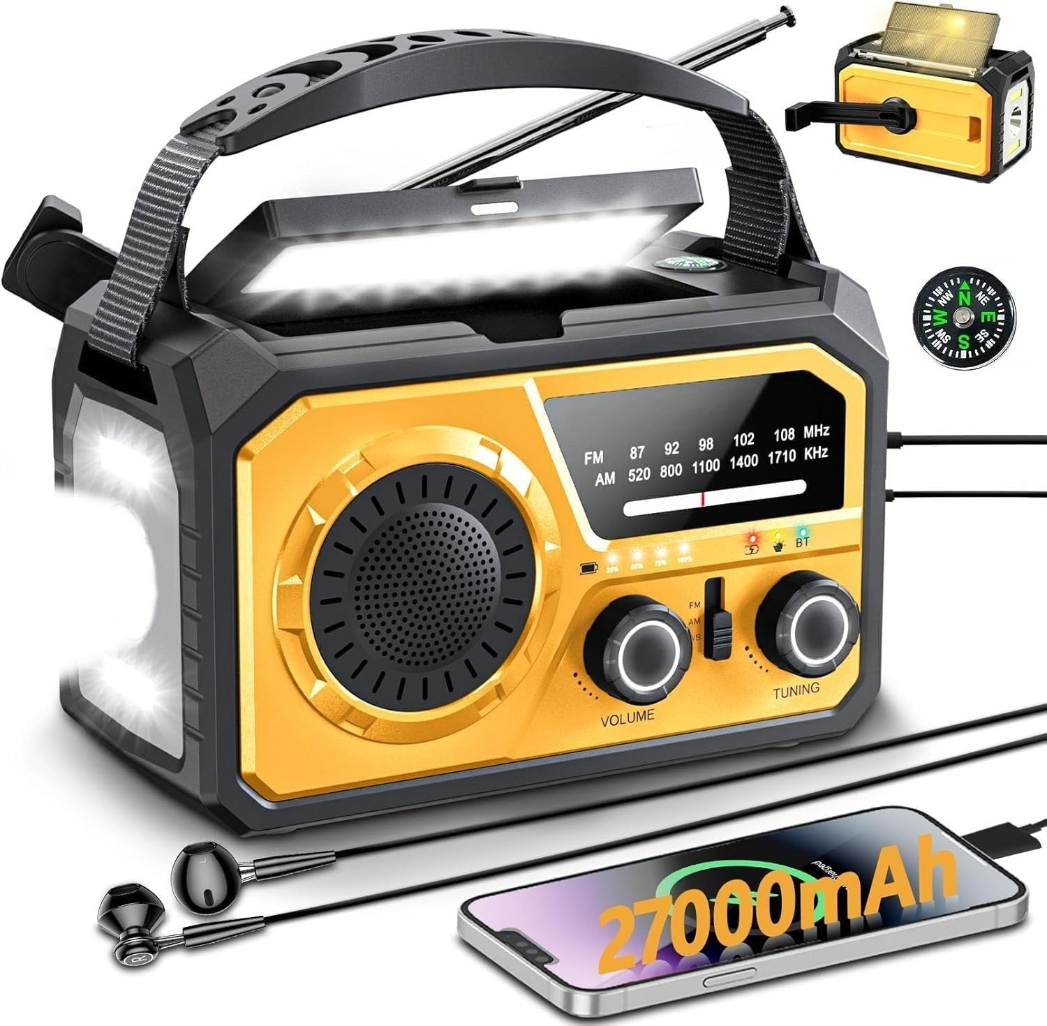 Emergency Wind Up Solar Radio 27000mAh Power Bank AM/FM Torch Orange