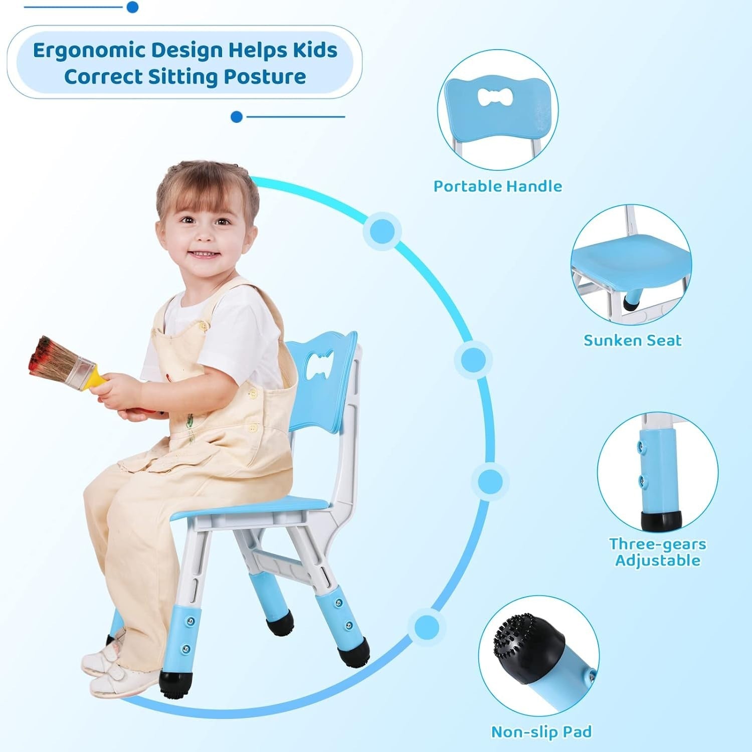 Height Adjustable Kids Table & 4 Chairs Set, Safe Plastic, 120x60cm Blue