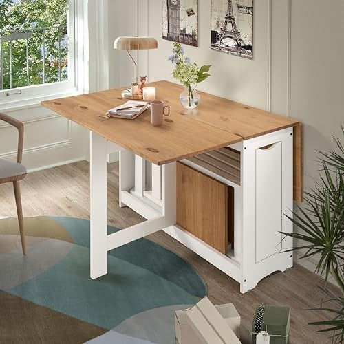 White Distressed Waxed Pine Butterfly Dining Set Table + 4 Chairs