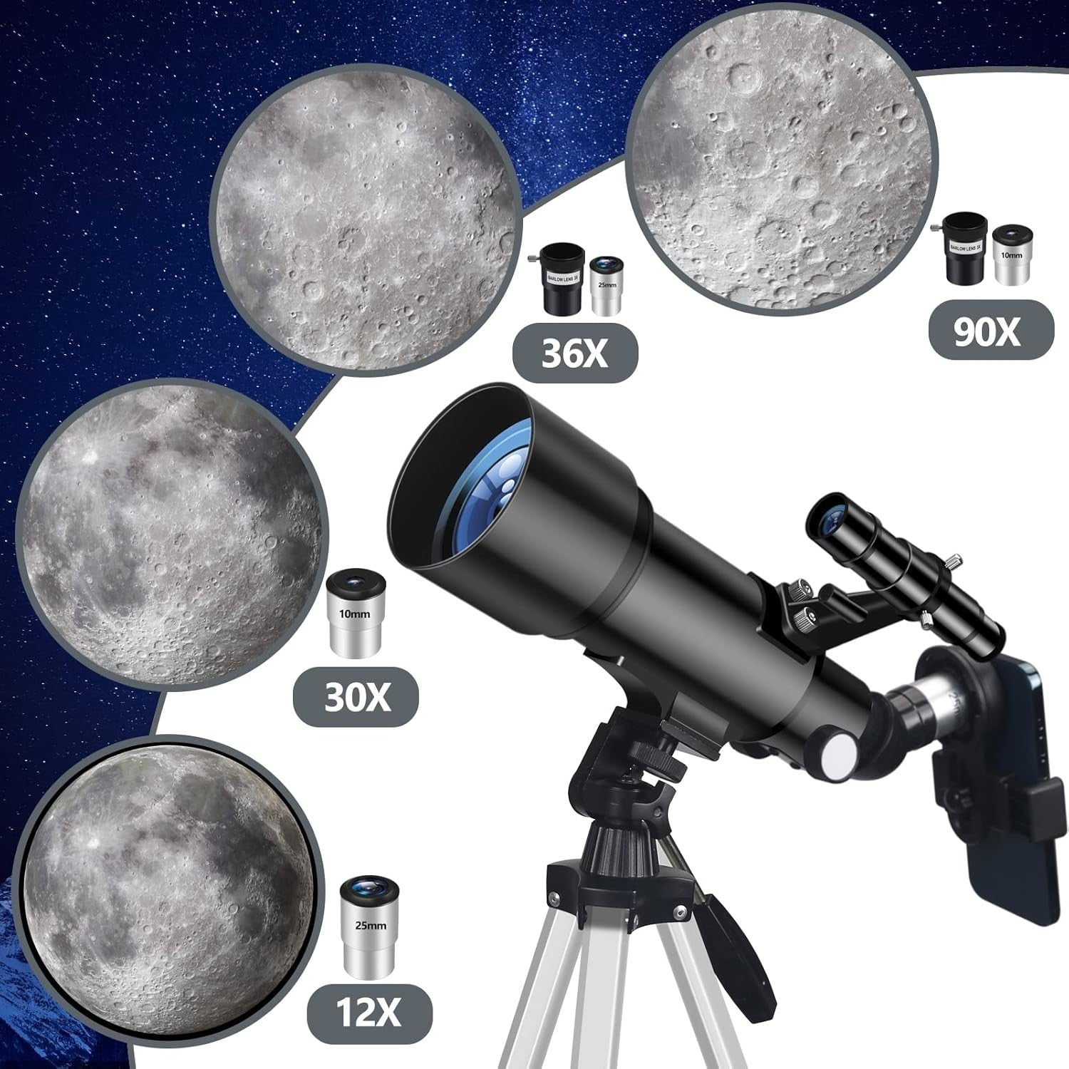 70mm Refractor Telescope 400mm Travel Scope with Tripod Phone Adapter Black
