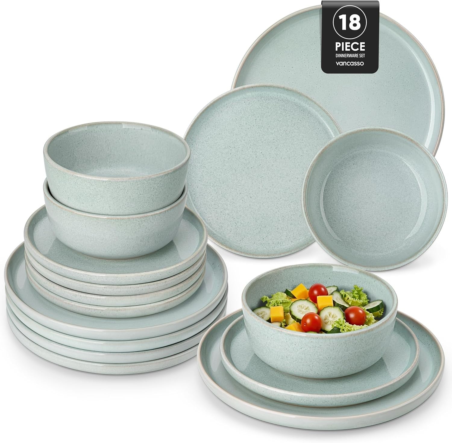 18pc Ceramic Dinner Set Mint Green Plates Bowls Microwave Dishwasher Safe