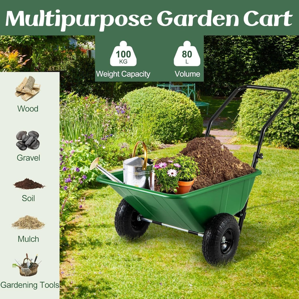 80L 2-Wheel Garden Wheelbarrow & Green Heavy Duty Cart w/ 100kg Load Capacity