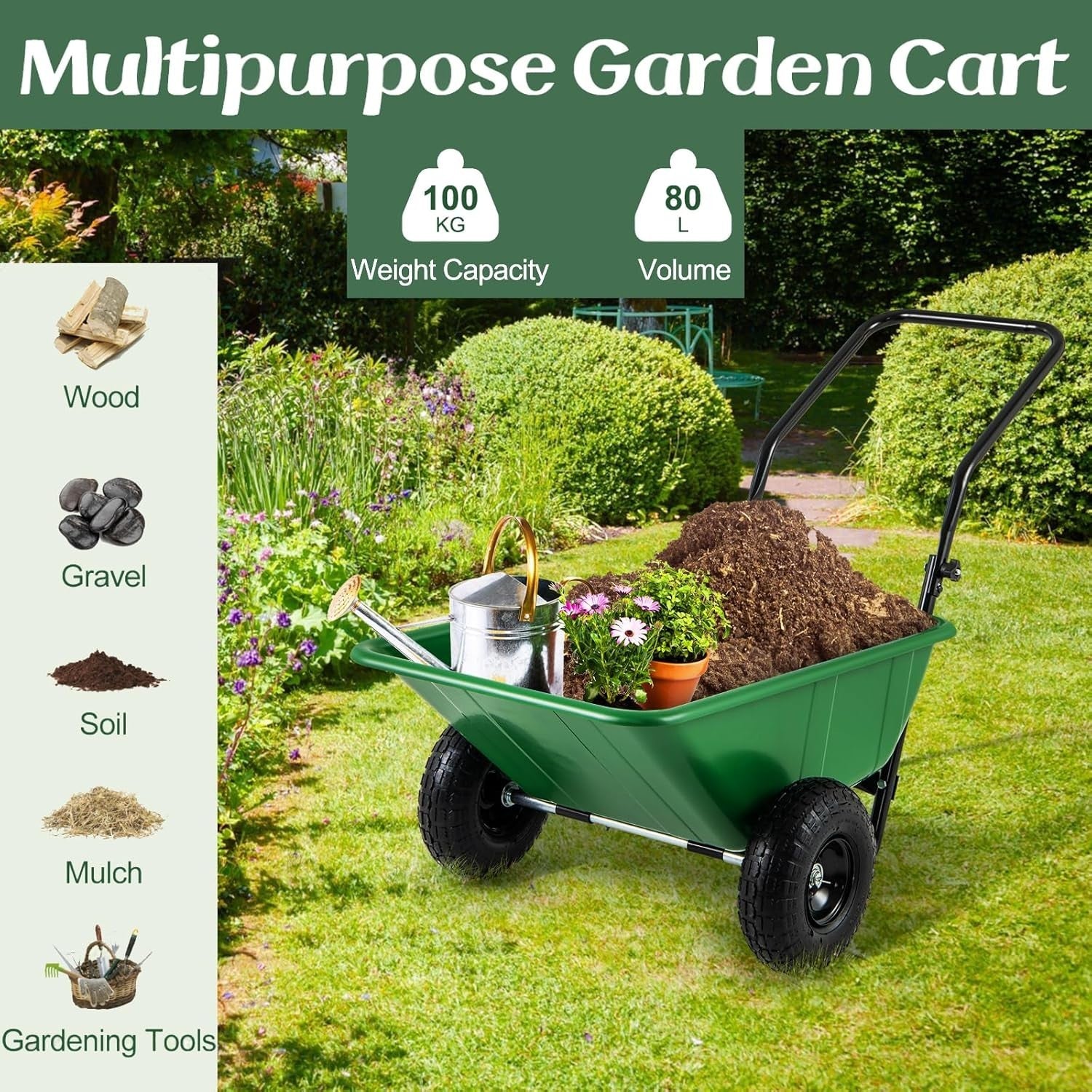 80L 2-Wheel Garden Wheelbarrow & Green Heavy Duty Cart w/ 100kg Load Capacity