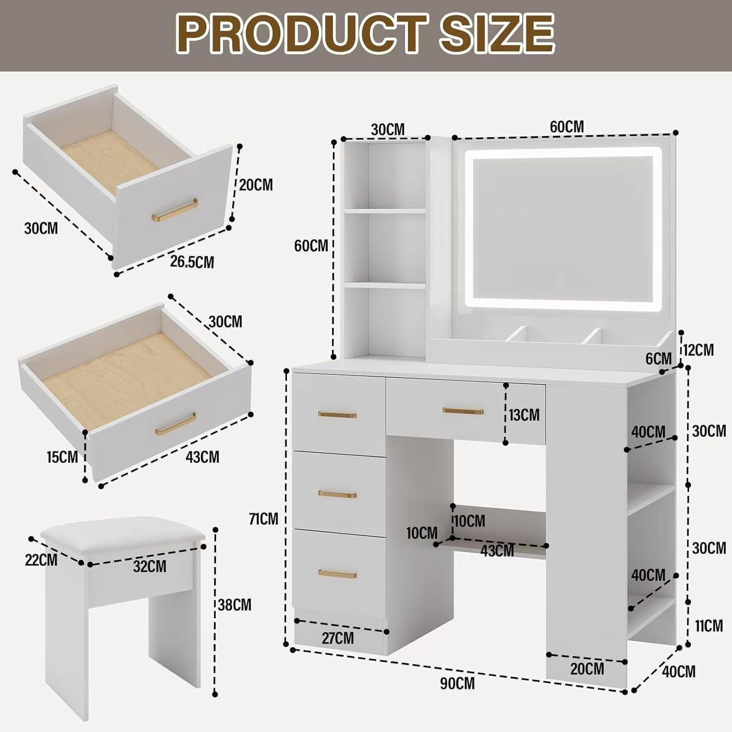 White Vanity Desk w/Lighted Sliding Mirror 4 Drawers Hidden Storage Cabinet