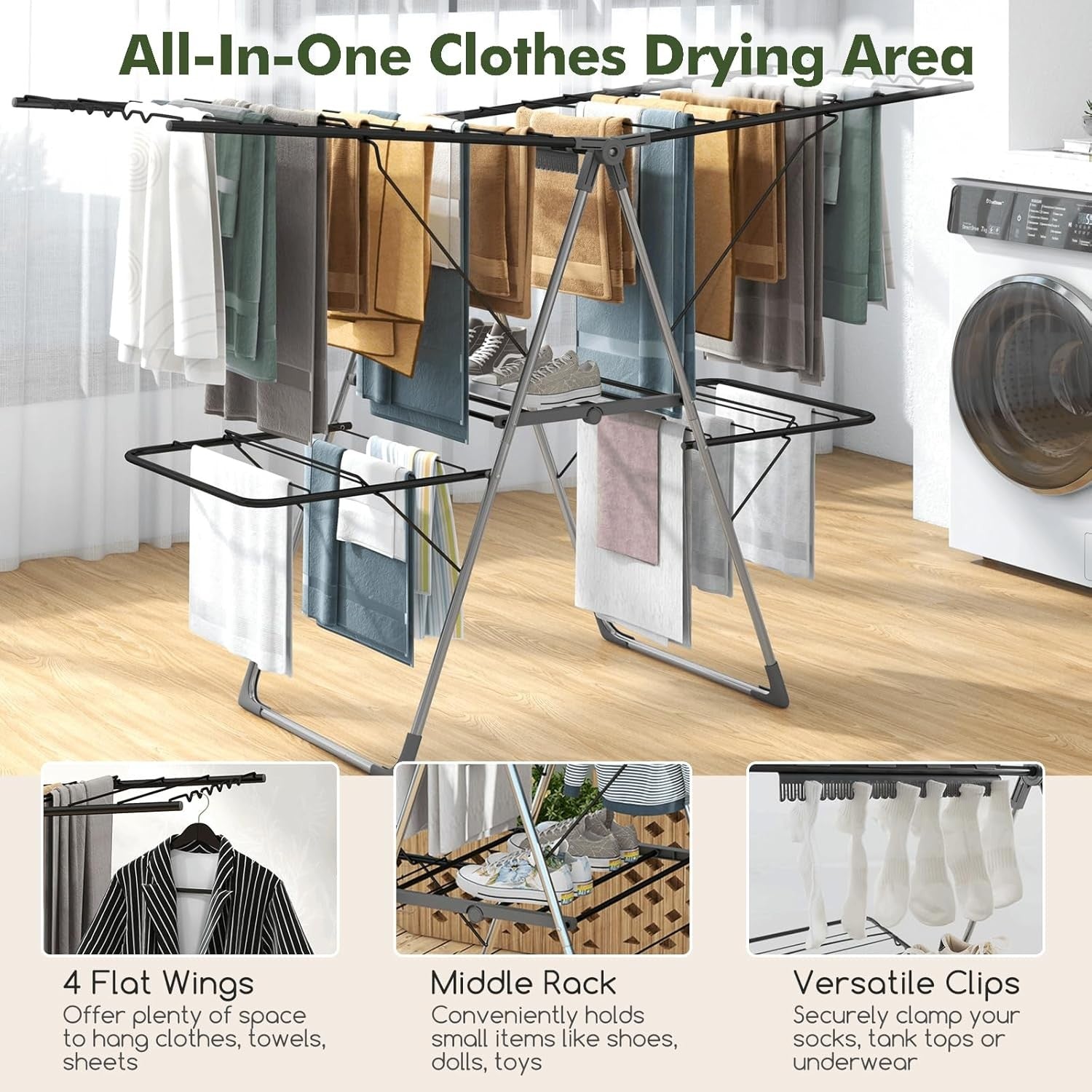 Foldable Clothes Drying Rack 2 Tier Airer 33 Rails Adjustable Freestanding