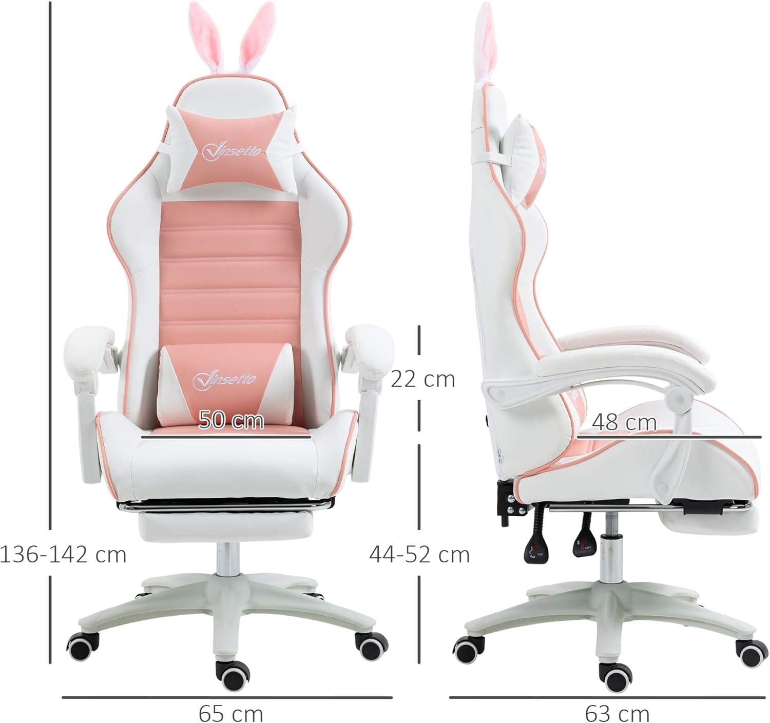 Pink Gaming Chair w/ Rabbit Ears Recliner Footrest Lumbar Support