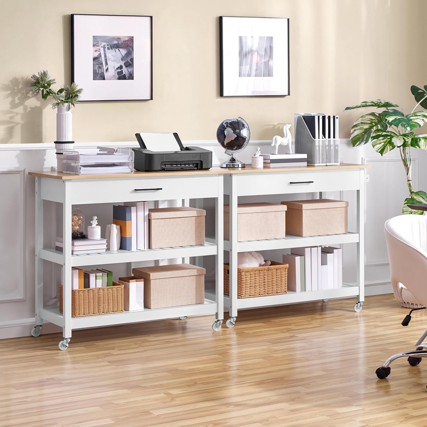 White Rolling Kitchen Island Trolley with Bamboo Worktop, Drawer & Shelves