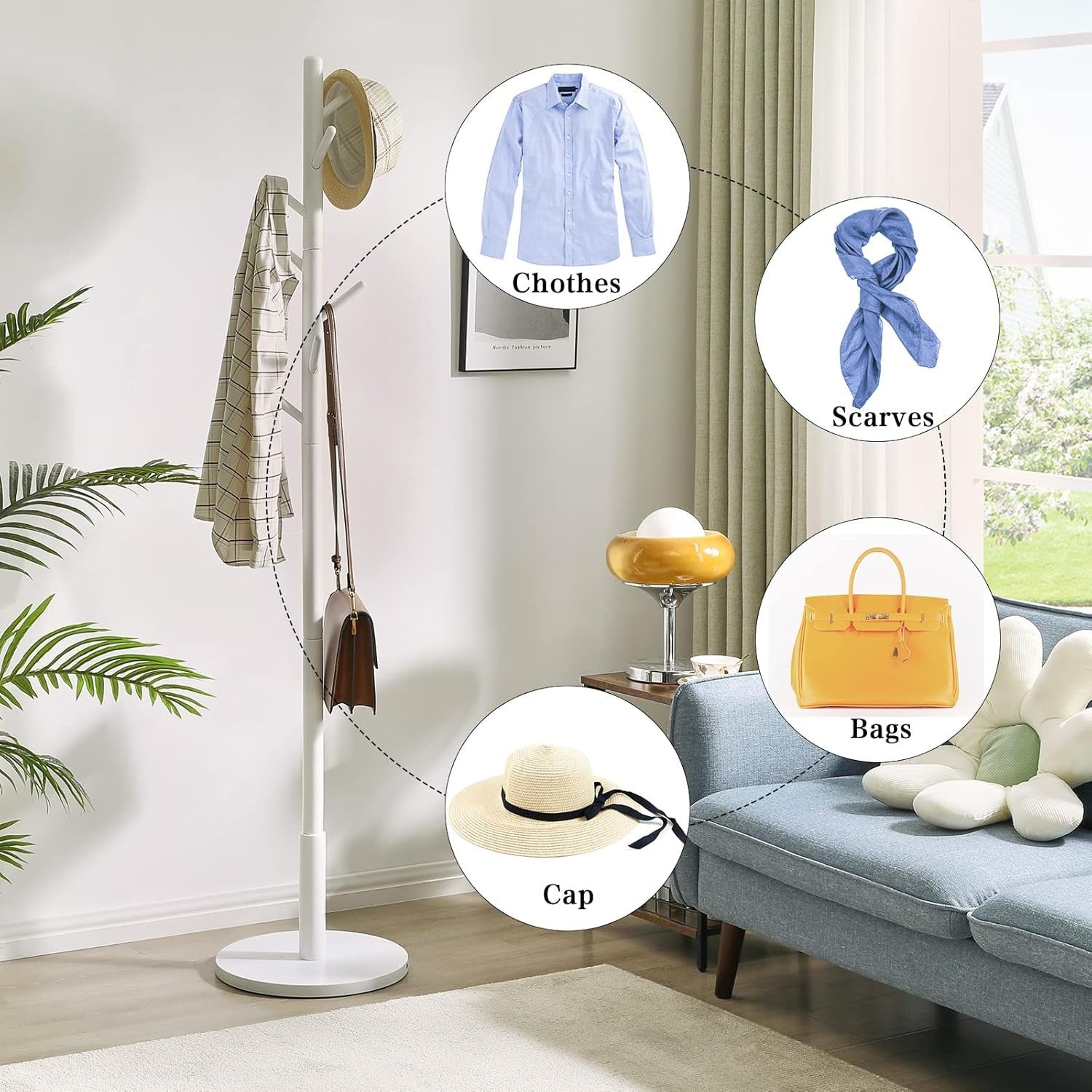 White Wooden Coat Rack Stand | 8 Hooks Round Base Hall Tree for Clothes Hats