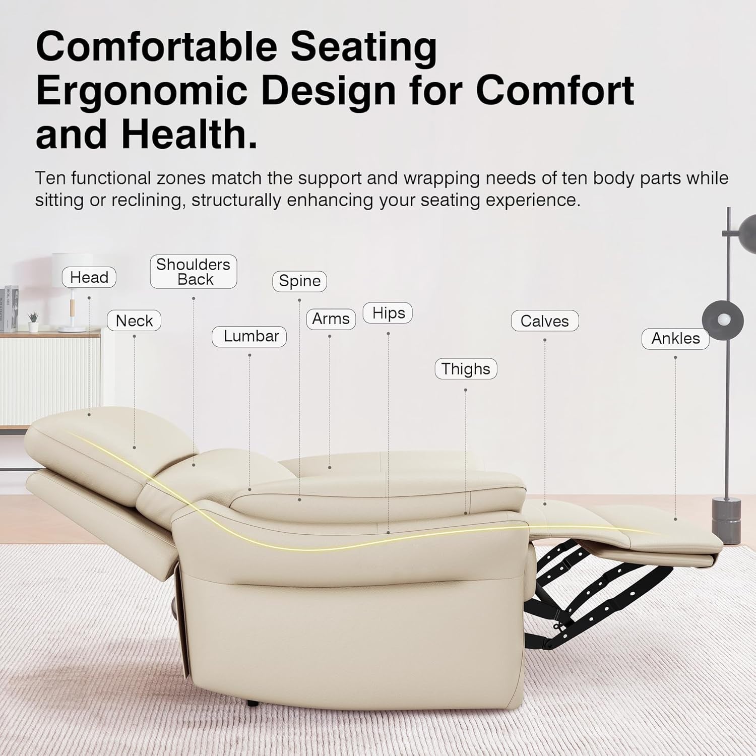 Genuine Leather Recliner Chair Biege, Ergonomic Living Room Sofa