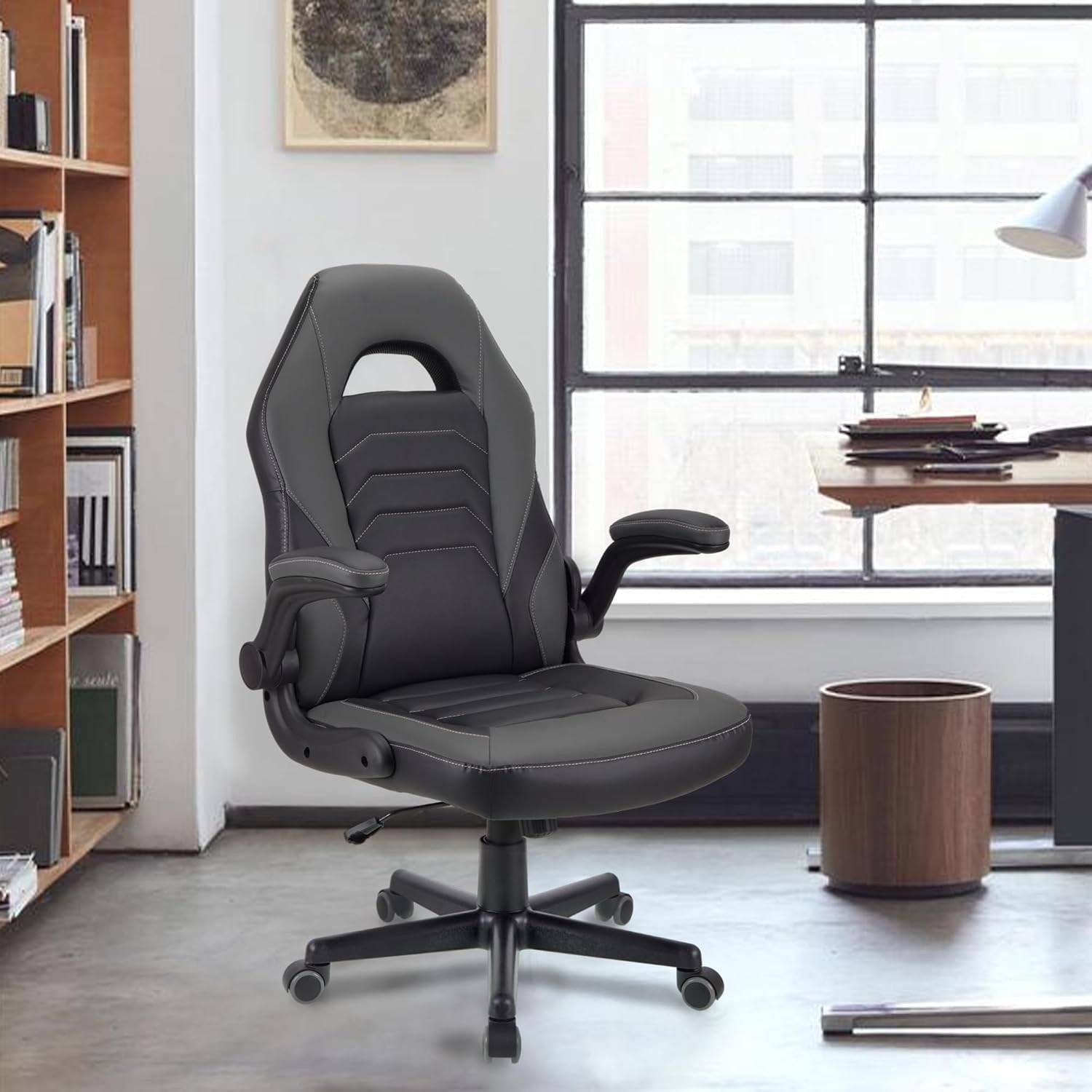 Ergonomic Gaming Chair Flip-Up Arms Faux Leather Swivel Black