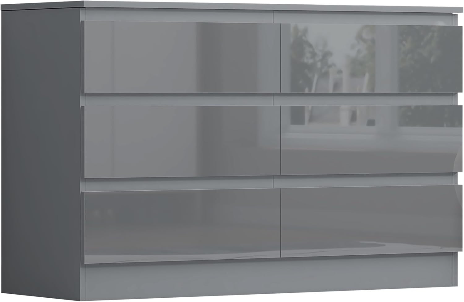 Grey Gloss 6 Drawer Chest Bedroom Dresser Storage Unit Wide Modern Design