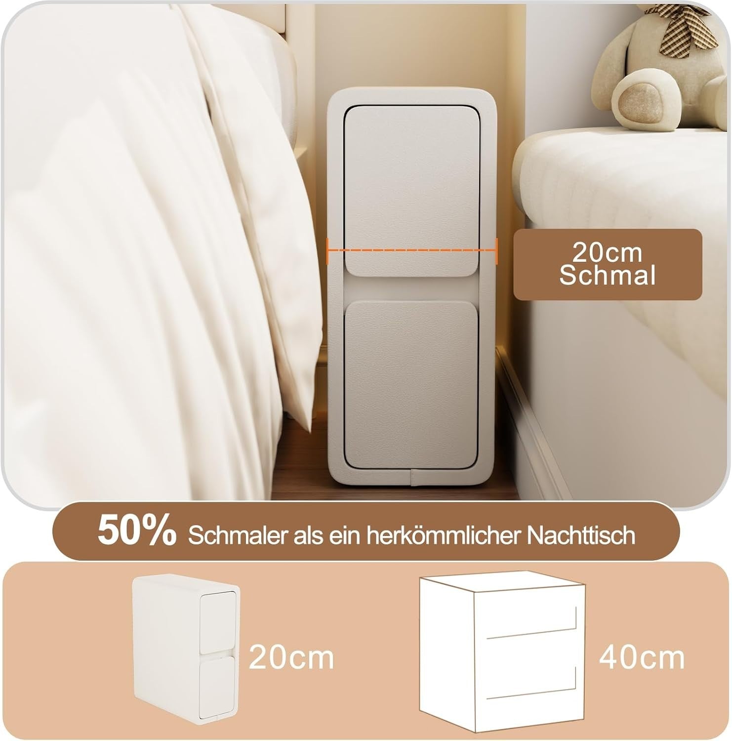 Slim White Bedside Table with 2 Drawers, Narrow Leather-Finish Nightstand