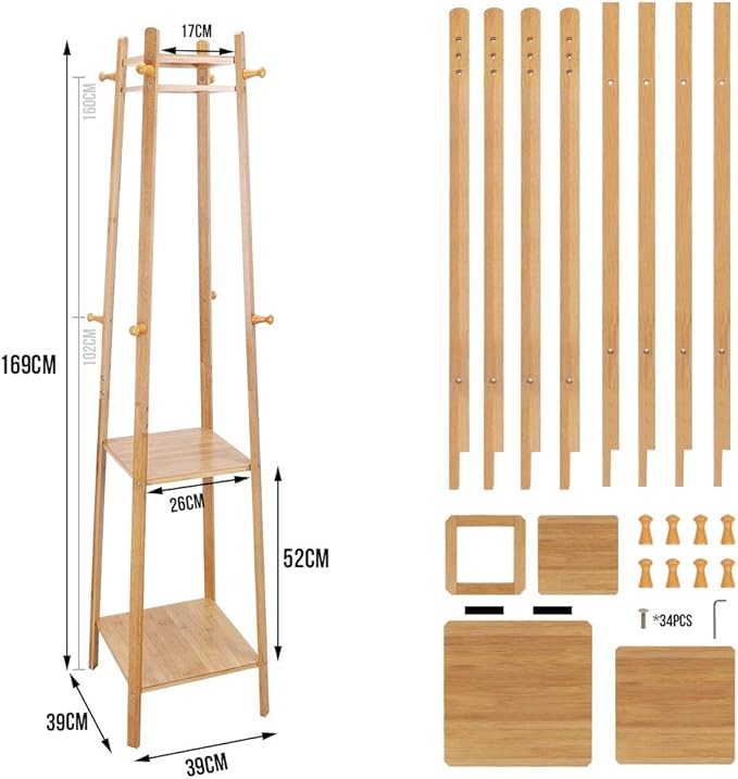 Bamboo Coat Rack with Shelves | Freestanding Hall Tree with 8 Hooks & 3 Tiers