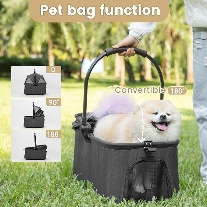 2 in 1 Dog Stroller Removable Basket Foldable Pet Pram 4 Wheel Travel Cart