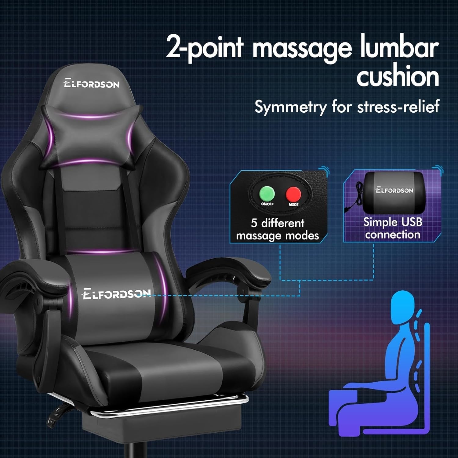 Grey Gaming Chair XL Massage Lumbar Footrest Ergonomic High Back PU Leather