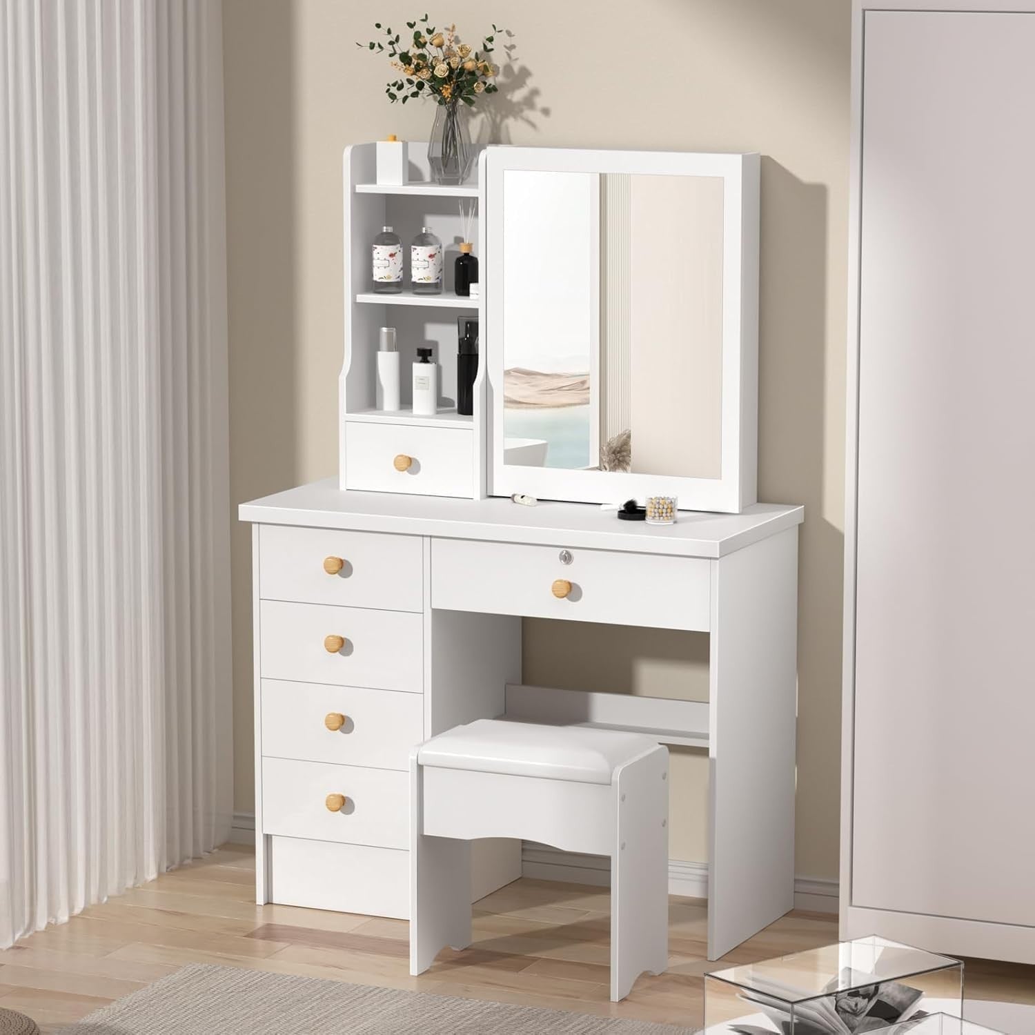 Simple Vanity Dressing Table w/Sliding Mirror 6 Drawers Storage Cabinet