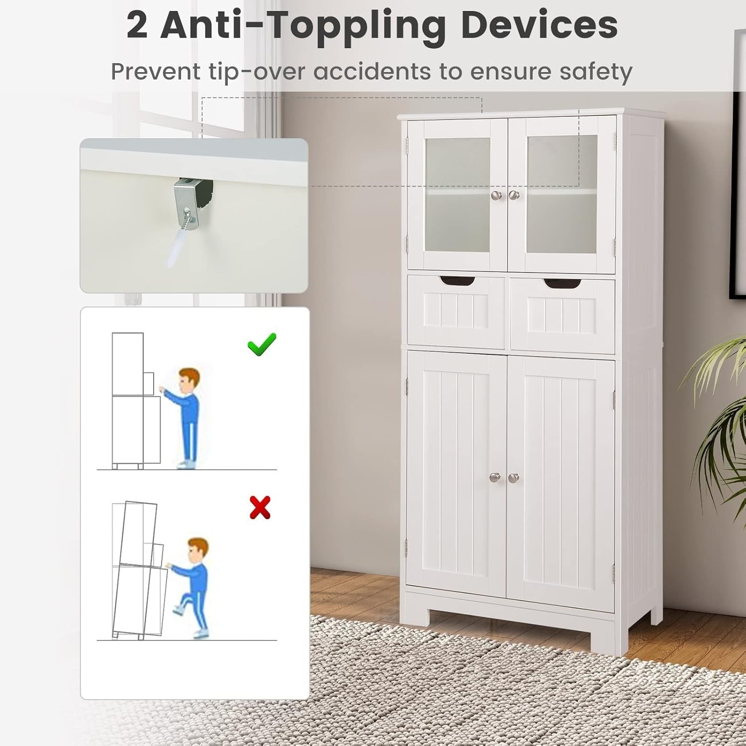 White Freestanding Storage Cabinet with Glass Doors & Drawers Shelves