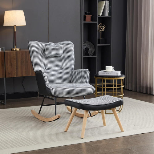 Modern Rocking Chair w/ Footstool, High Back, Side Pocket, Foam Seat