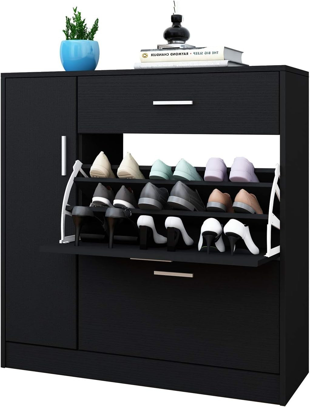 Modern 2-Drawer Wooden Shoe Cabinet Organizer for 18 Pairs Shoes Black