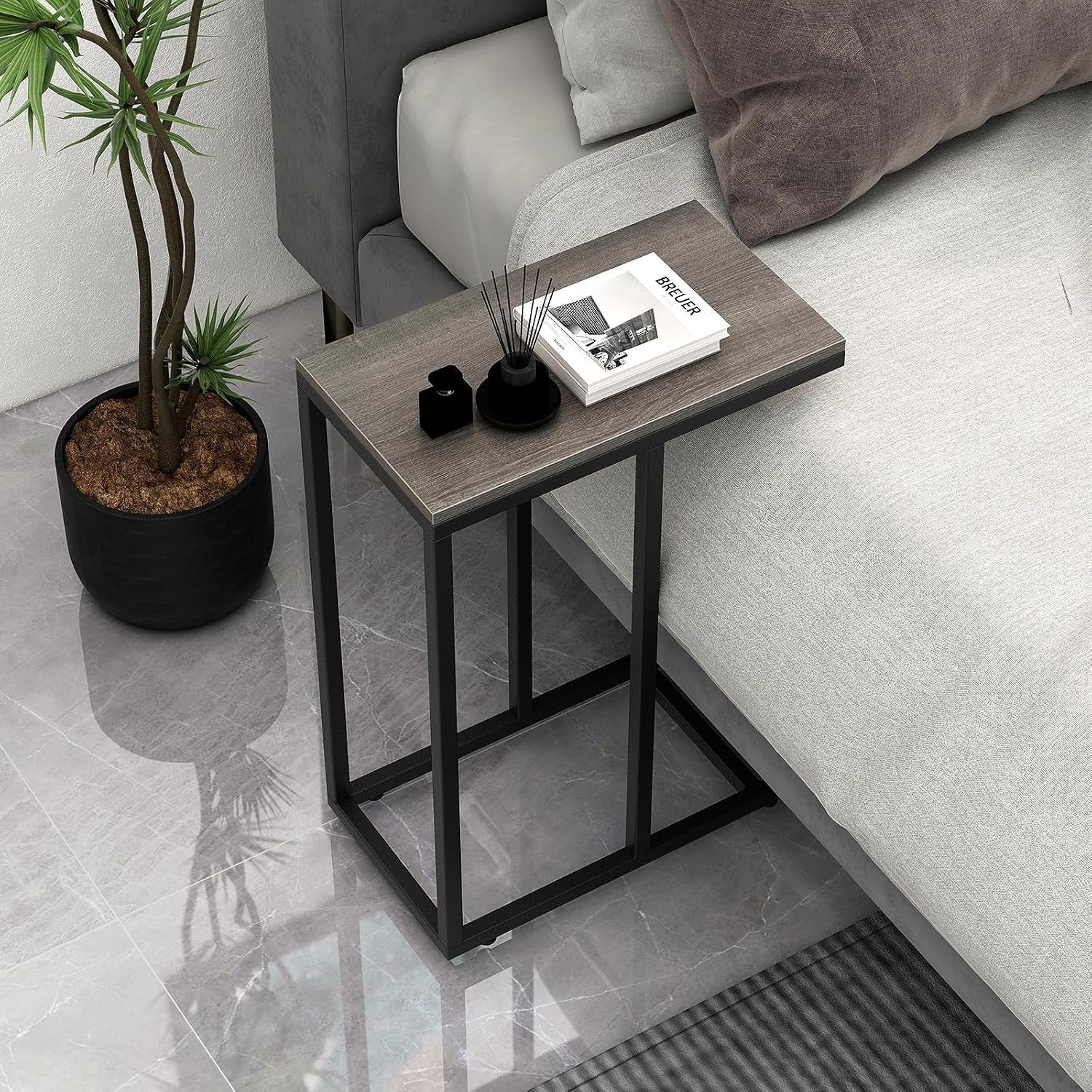 C-Shaped Side Table Grey Oak | Industrial Sofa Laptop Snack Table for Small Spac