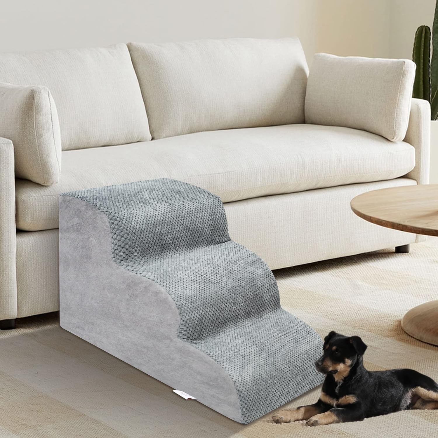 Dog Stairs 3 Step Extra Wide Foam Pet Ramp Non Slip Grey