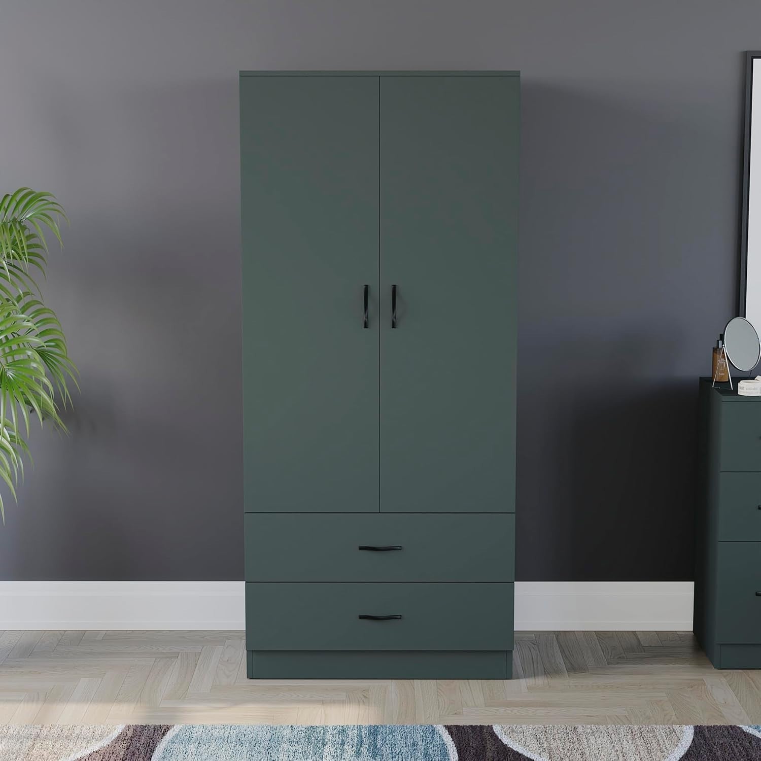 Double Door Wardrobe with 2 Drawers, Hanging Rail & Top Shelf Storage