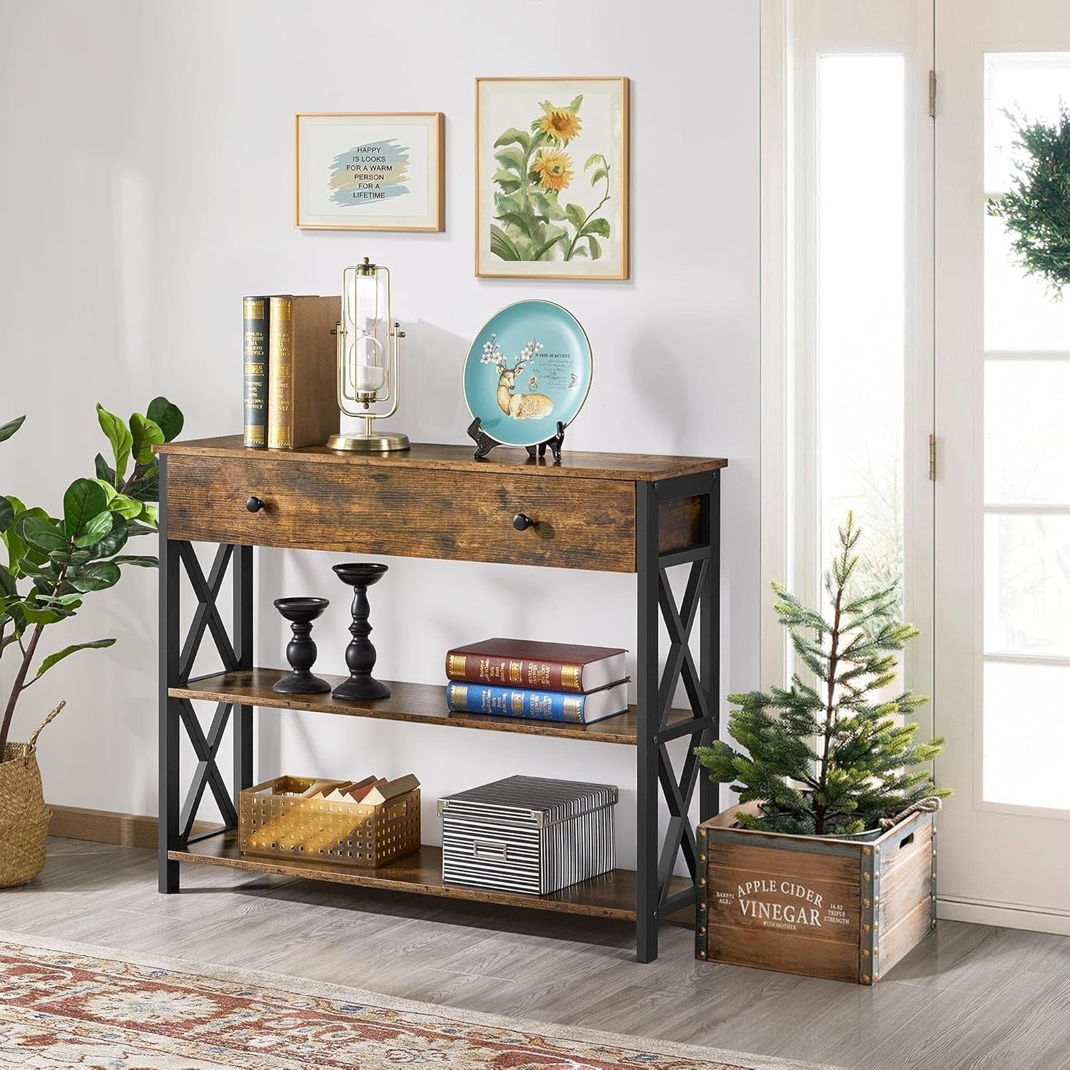 Industrial Console Table with Drawer & 2 Shelves, 100x29.5x81cm, Rustic Brown