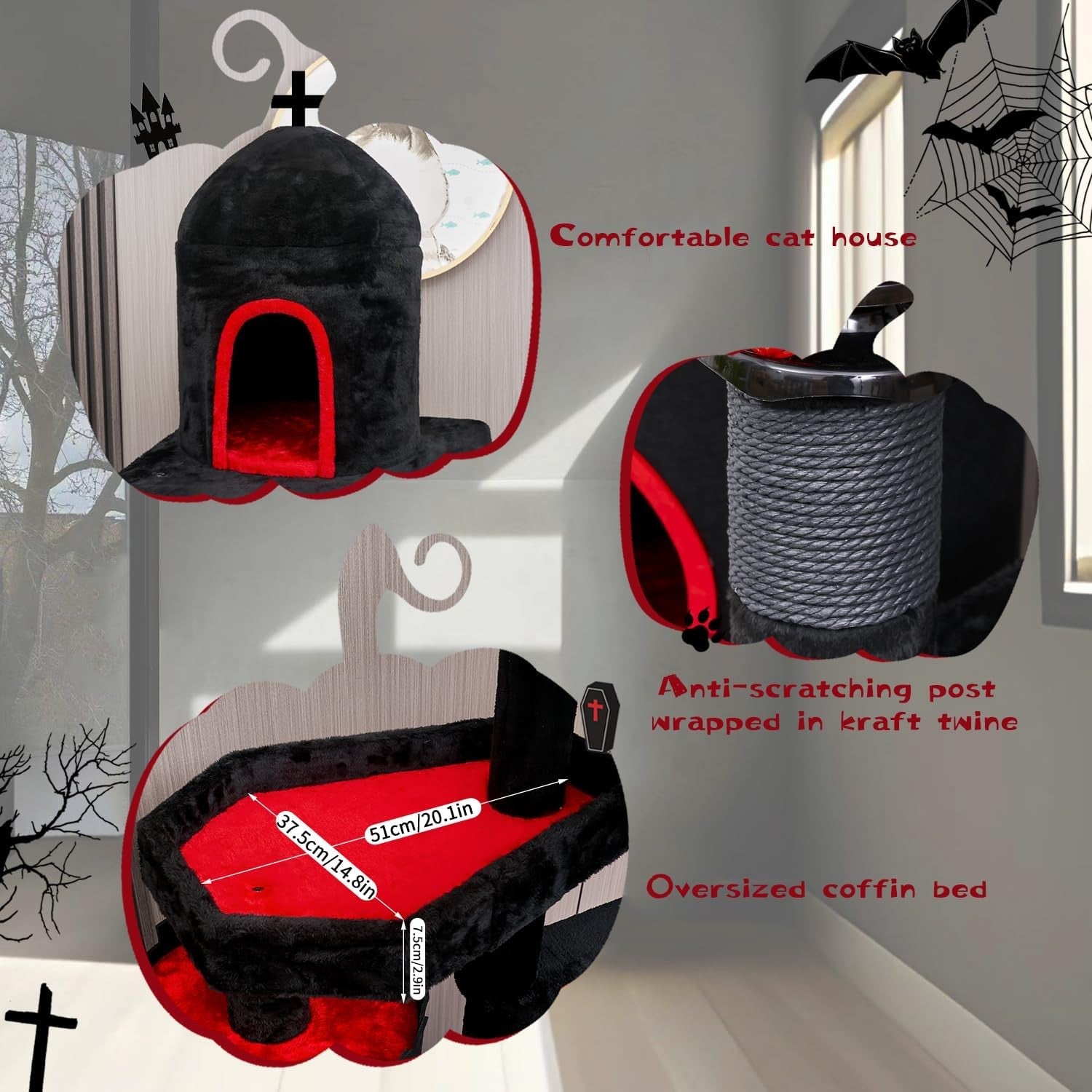 Gothic Cat Tree Castle 69in Tall Cat Tower Large Condo Coffin Bed Scratching