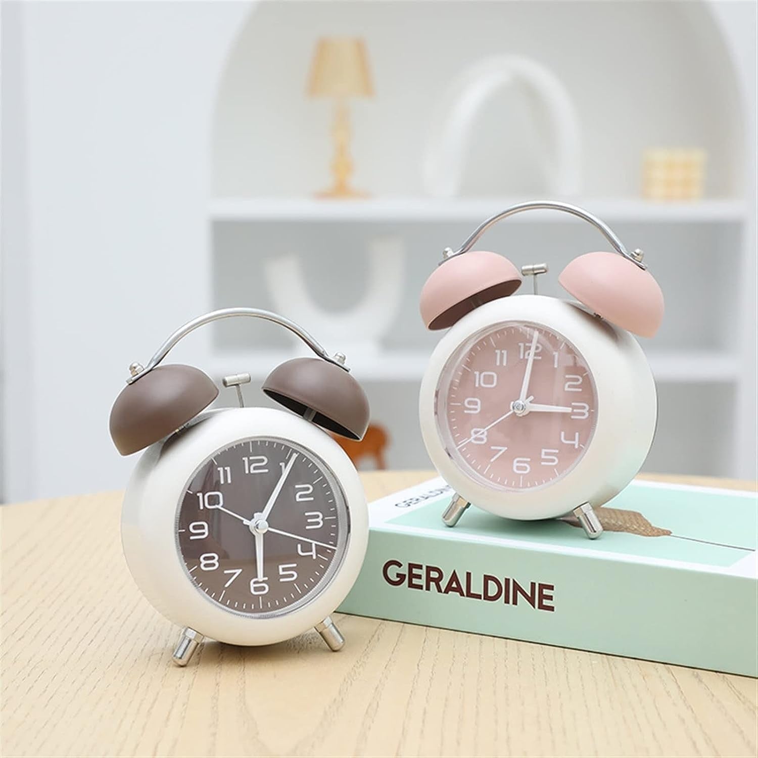 Vintage Twin Bell Alarm Clock Loud Silent Non-Ticking Bedside Brown Cream