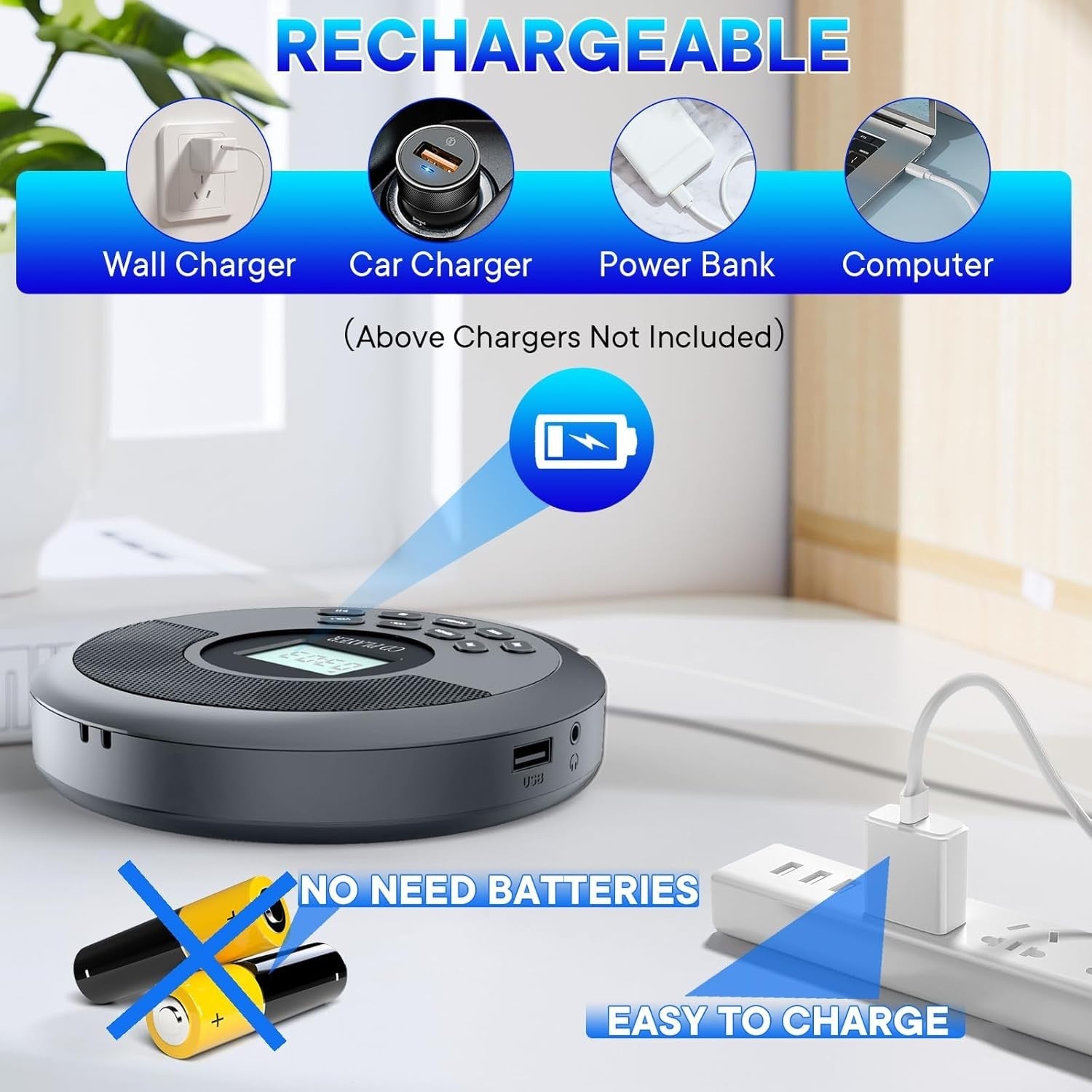 Portable CD Player Bluetooth Rechargeable Anti-Skip Speakers AUX Car
