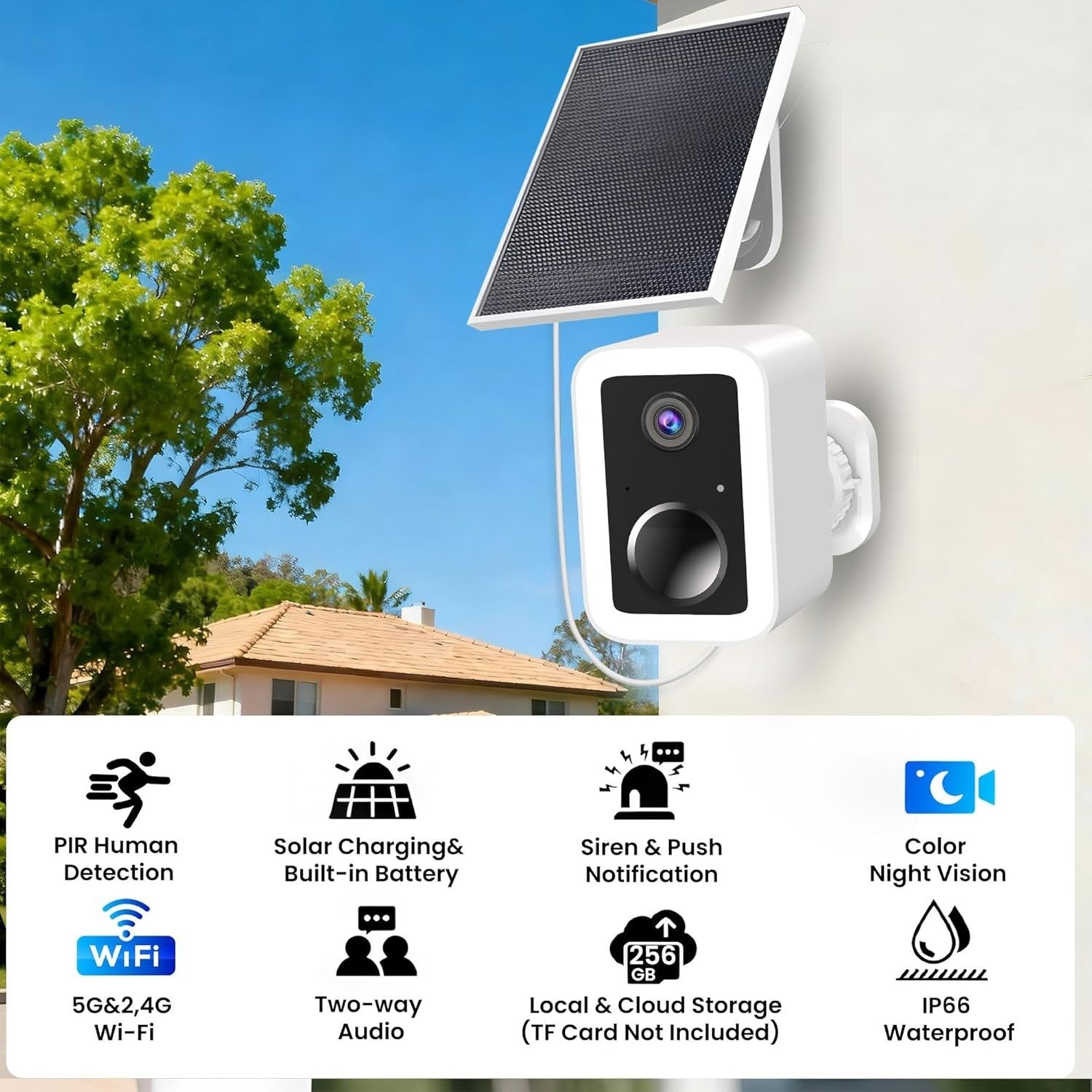 2K Solar Security Camera Outdoor Wireless 5GHz WiFi Color Vision