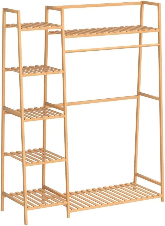 Bamboo Clothes Rack with Shelves, Freestanding Garment Rail Beige