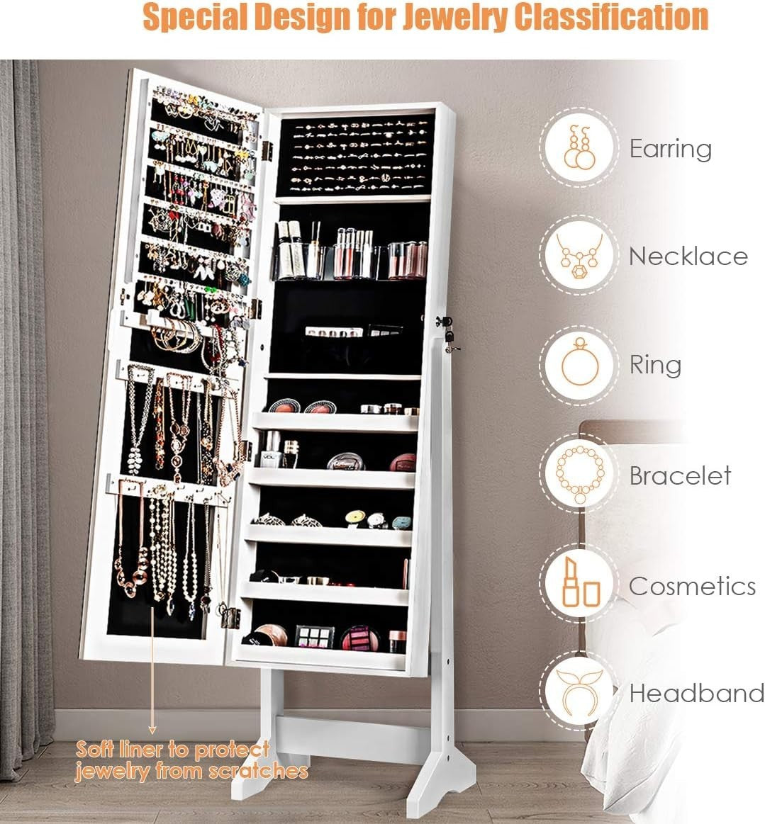 White Lockable Jewellery Cabinet Full Length Mirror Adjustable Storage