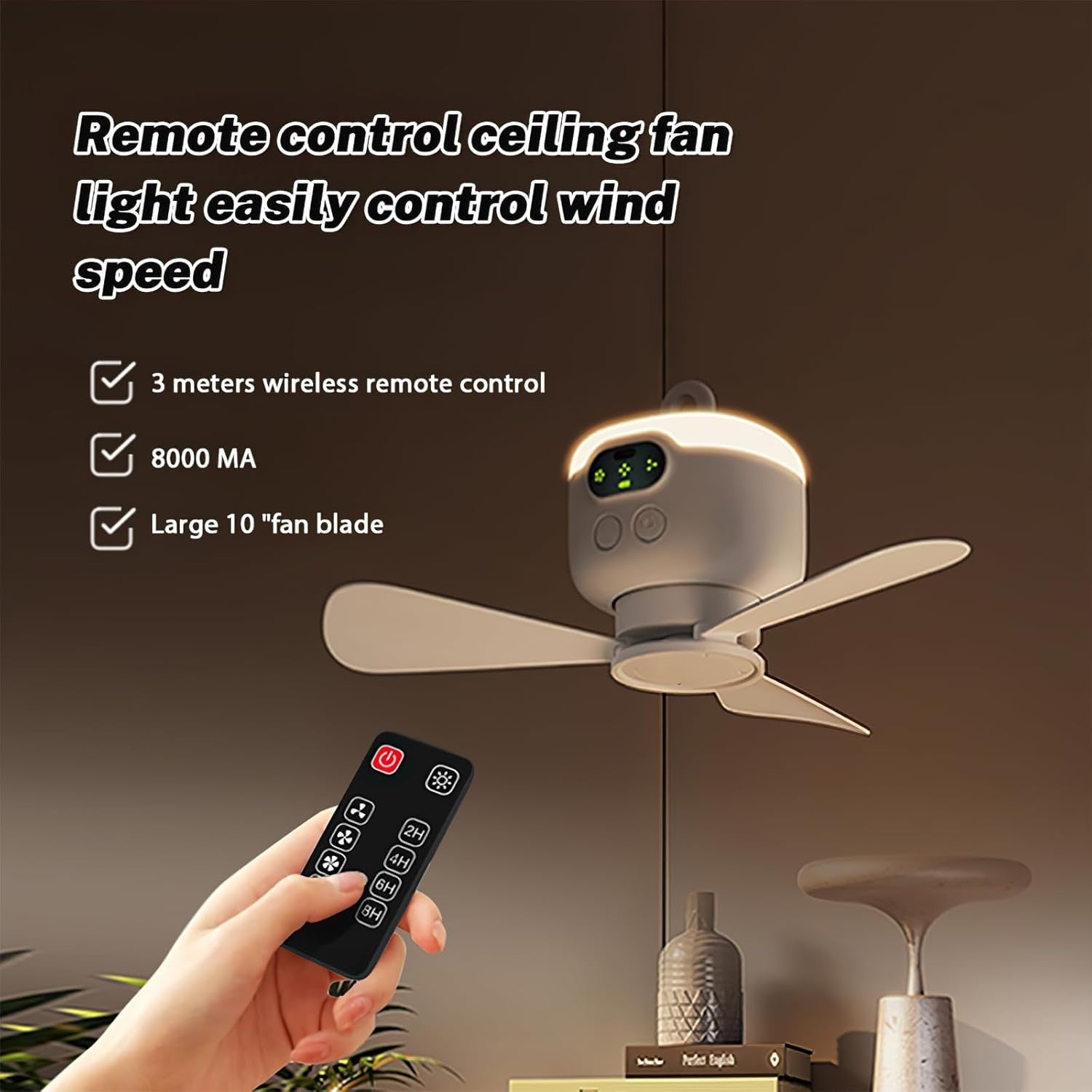 Vulaop 8000mAh Camping Fan with Light, USB Rechargeable, 3-Speed, Remote, Timer