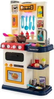 Kids Play Kitchen Set Lights Sounds Running Water 65PCS Blue Toy