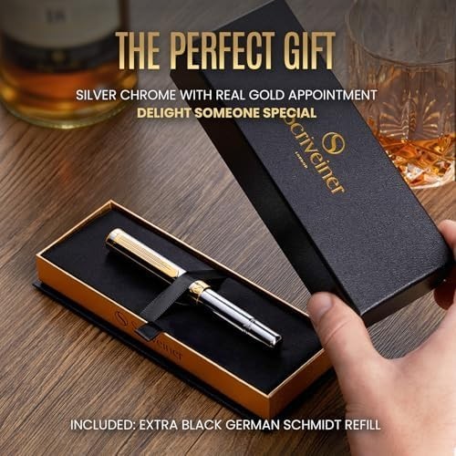 Luxury Fountain Pen Fine Nib Silver Gold Brass Gift Box Executive Writing