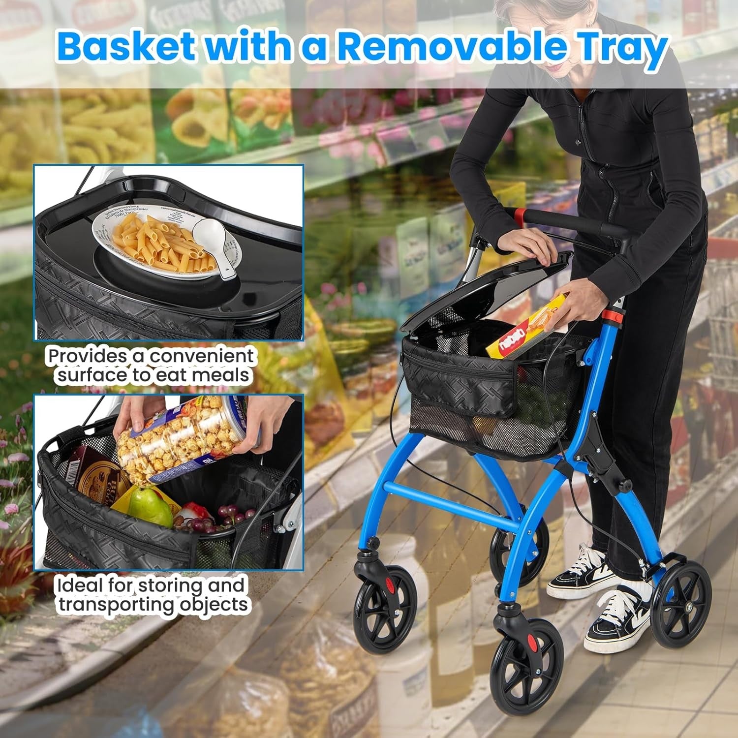 4 Wheel Rollator Walker Lightweight Walking Aid Brakes Tray
