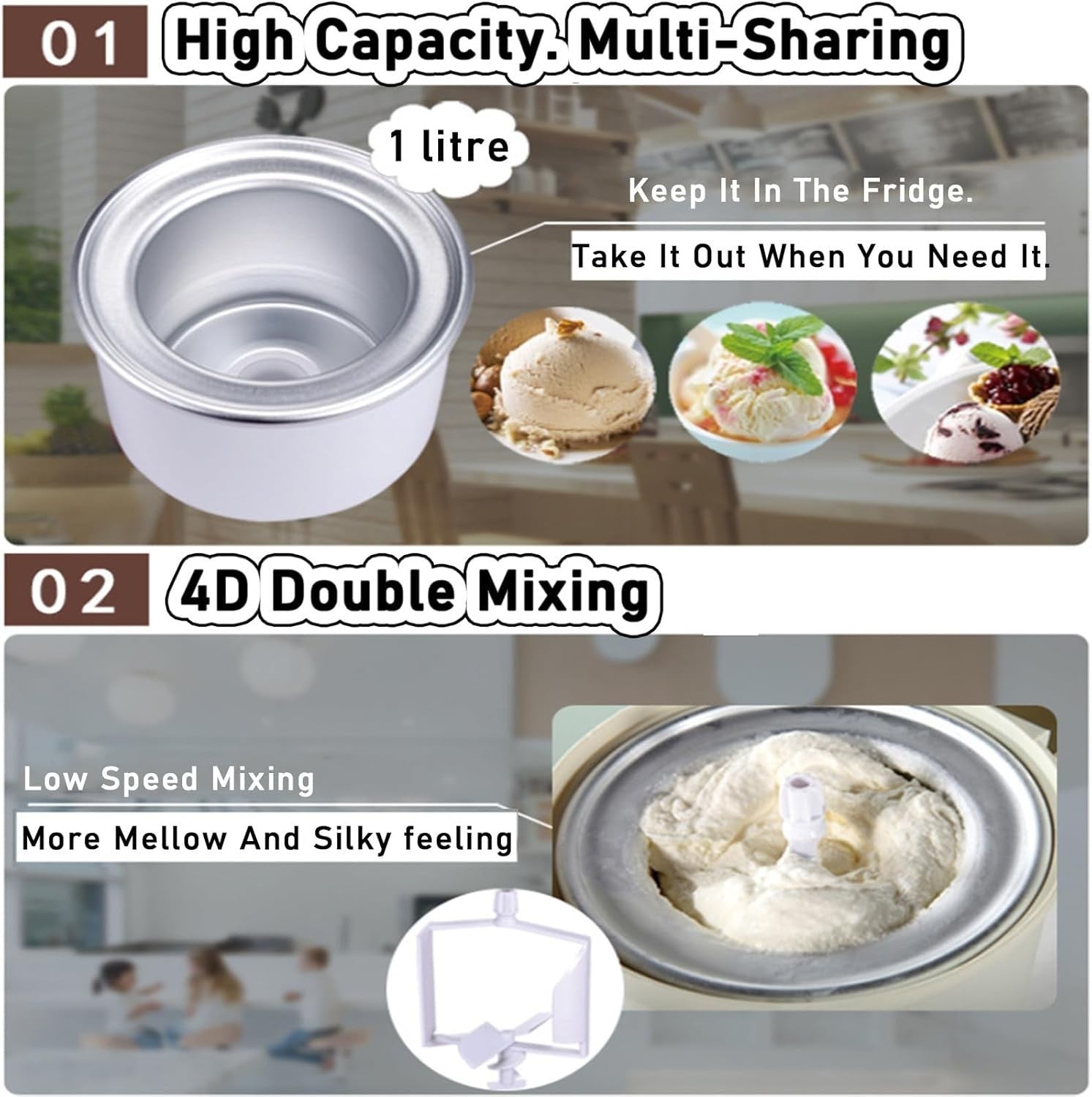 2L Electric Ice Cream Maker Machine Fast Churn Easy Clean Home Desserts