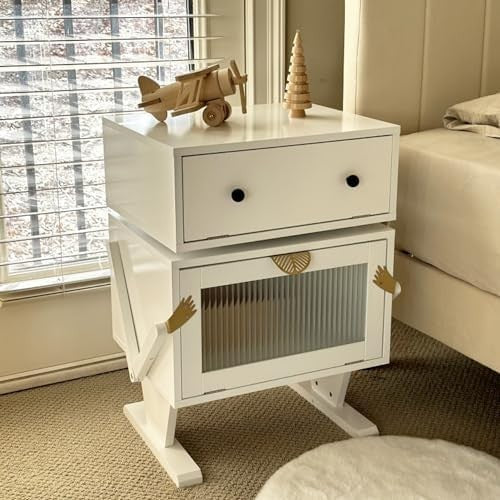 White LED Nightstand for Kids Bedroom with Rotating Drawer & Robot Design