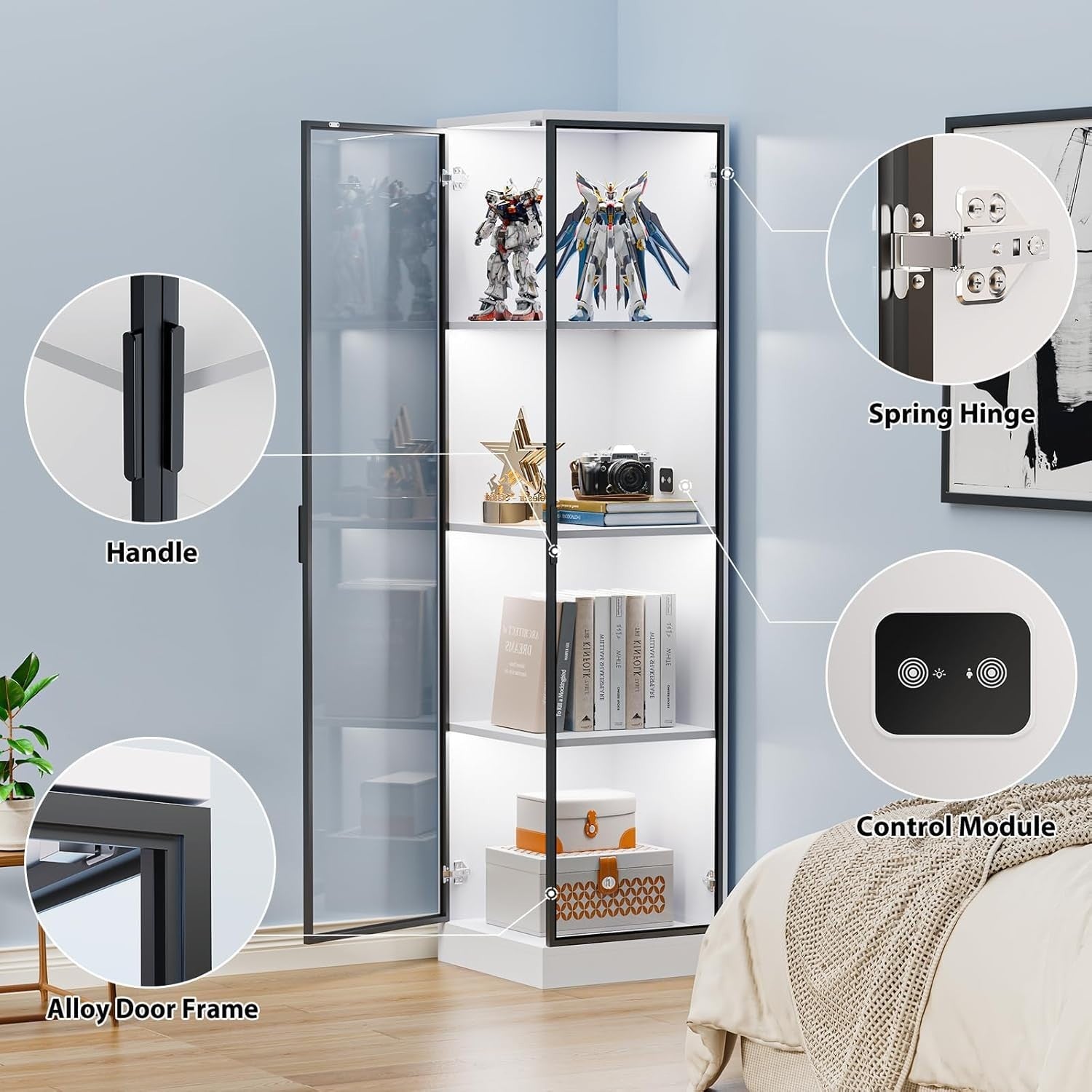 Corner Display Cabinet with LED Lights & Magnetic Lock, Human Sensor, 62.9" Tall