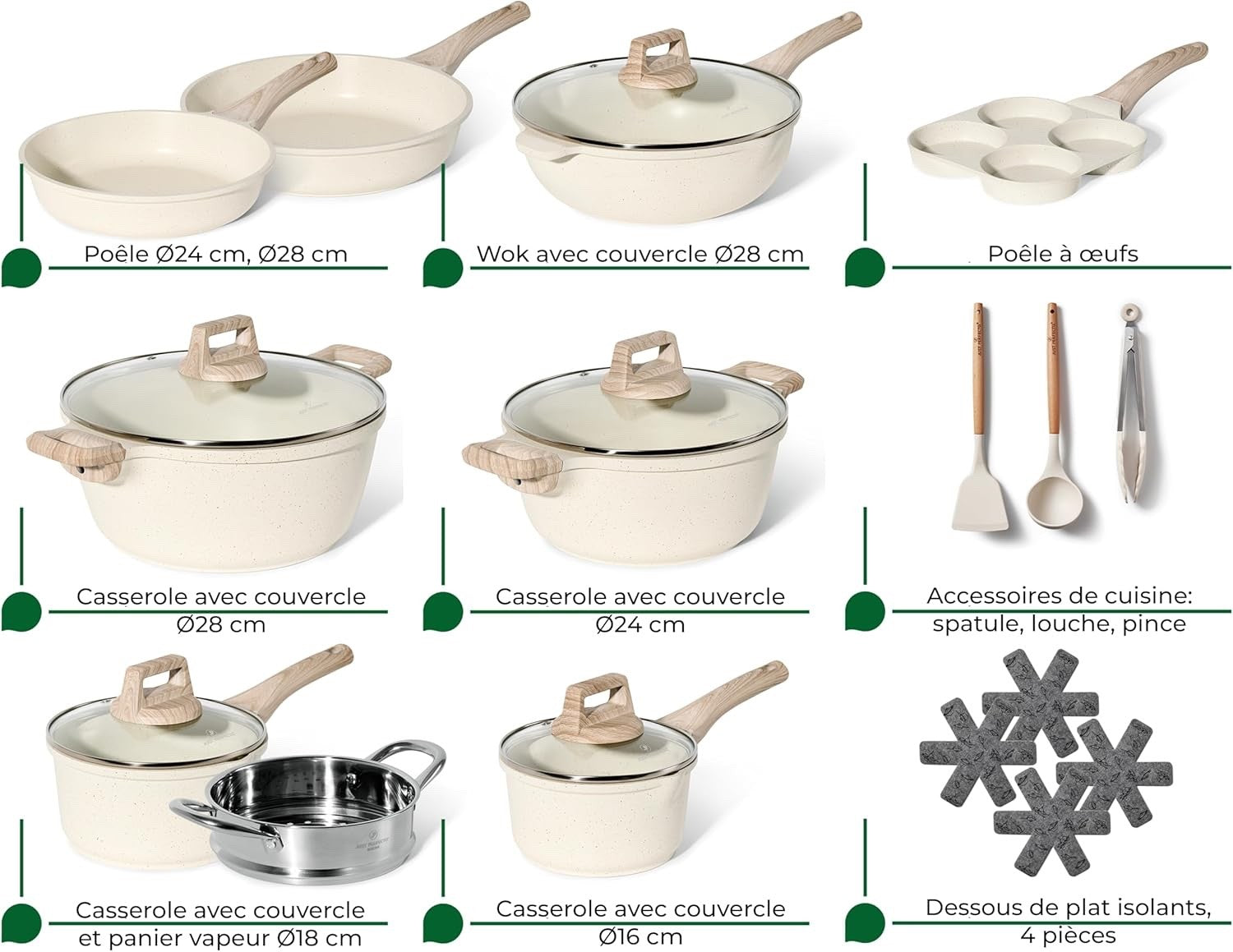 21Pcs Beige Non-Stick Granite Cookware Set Induction Ready Pots & Pans