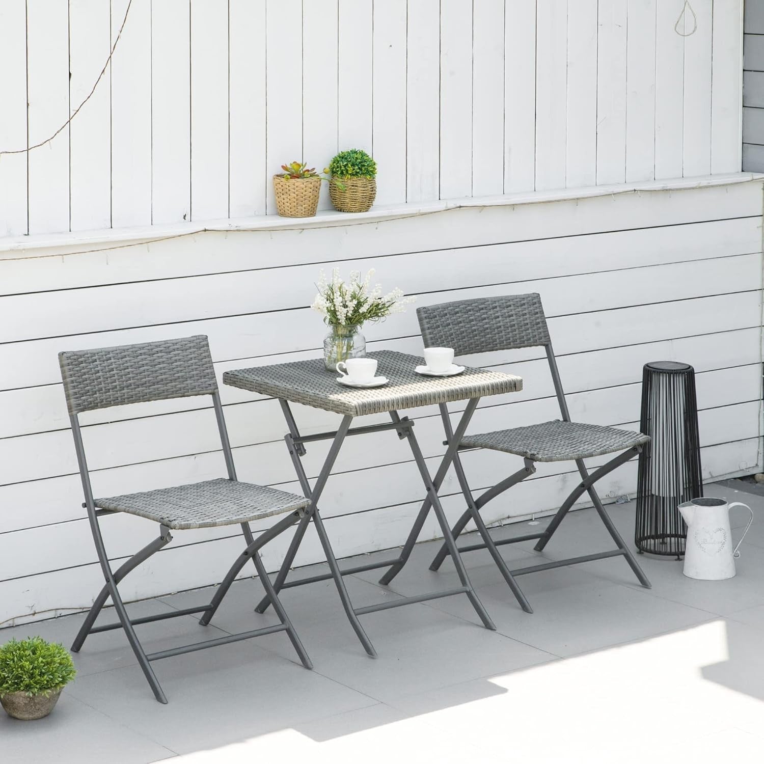 3 Piece Folding Rattan Bistro Set Patio Table Chairs Balcony Garden