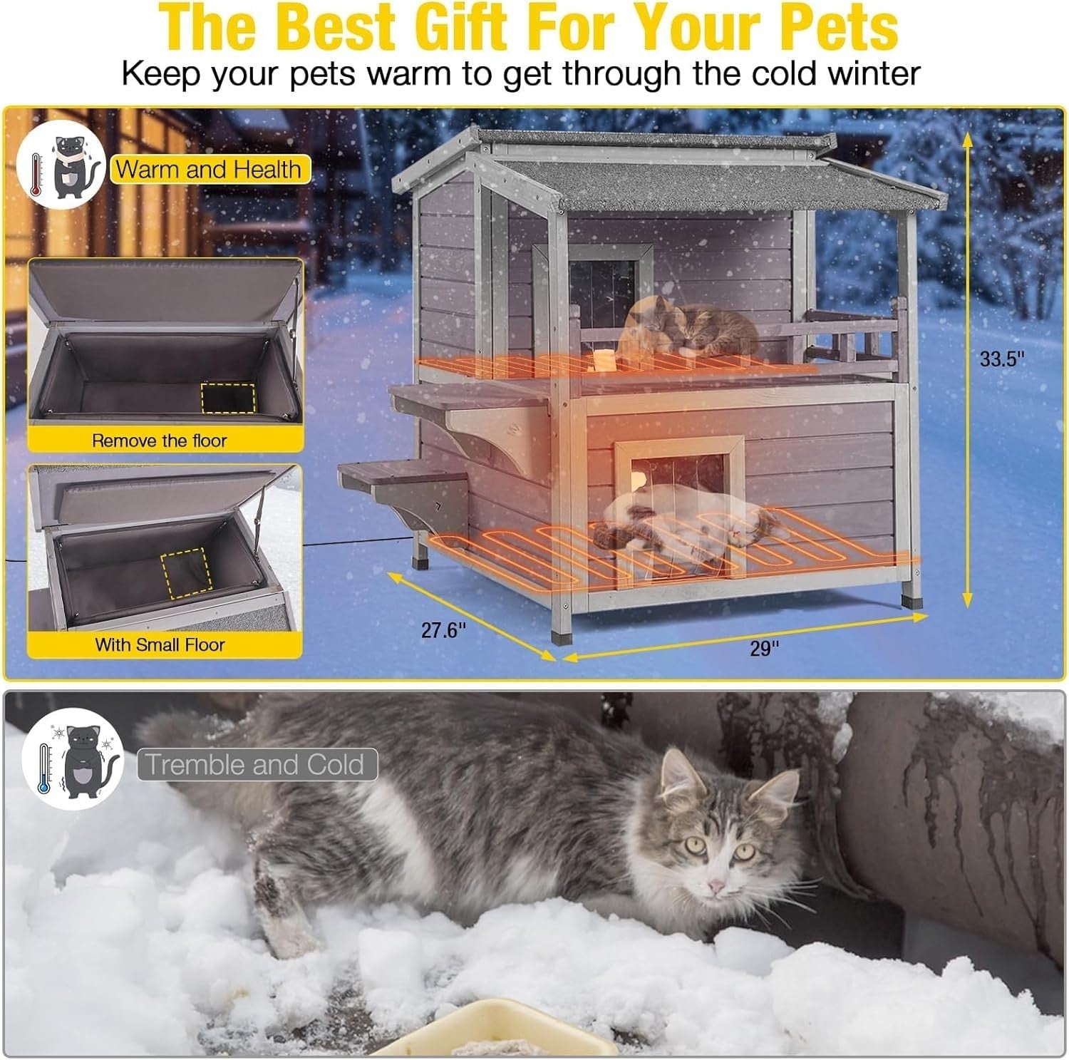 Heated 2-Level Outdoor Cat House with Insulated Liner & Escape Doors