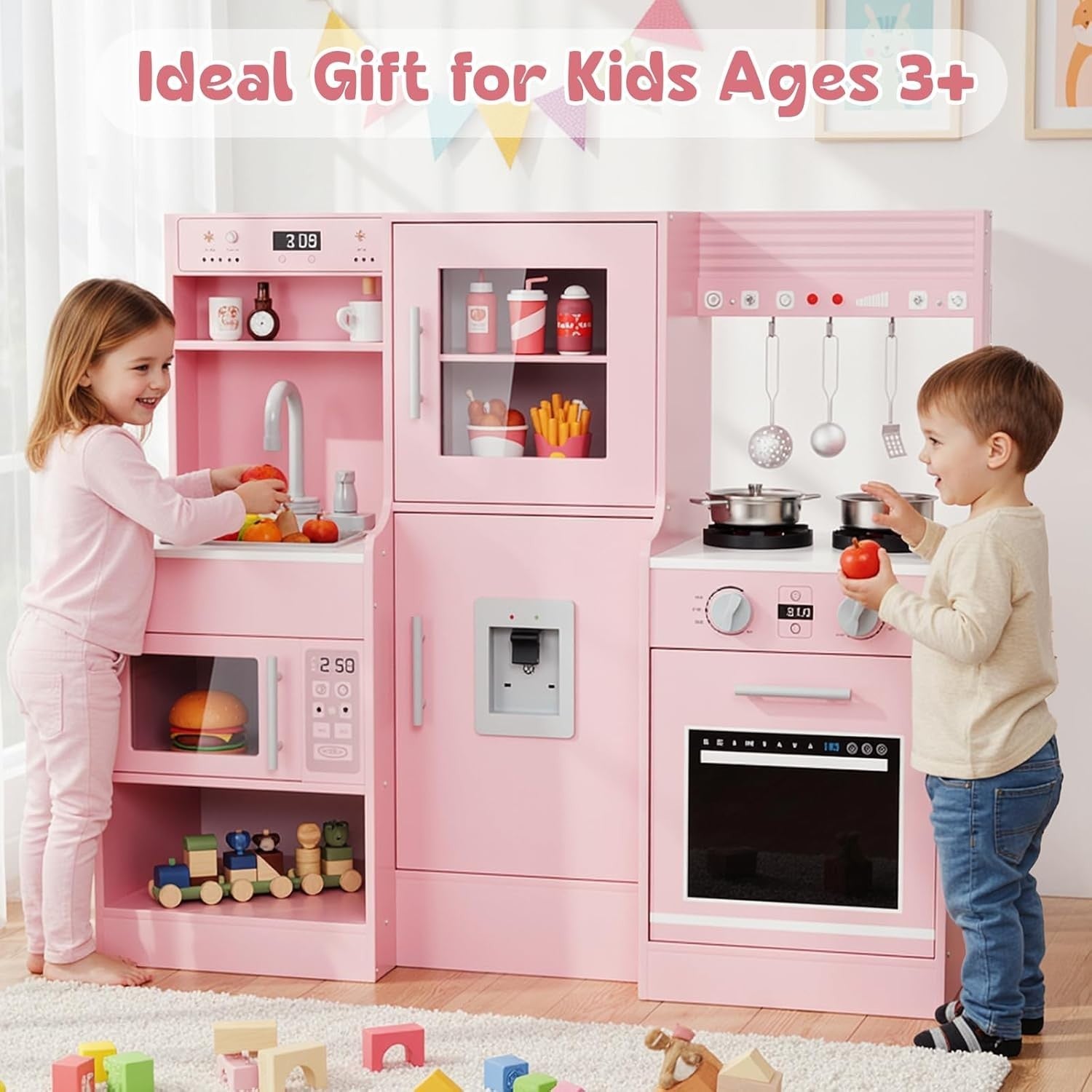 Large Wooden Kids Play Kitchen Pink Lights Sounds Toy Cooking Set
