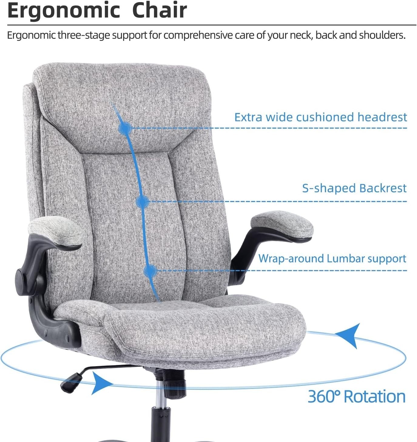 Ergonomic Office Chair High Back Swivel Desk Chair Padded Armrests Gray Max 150K