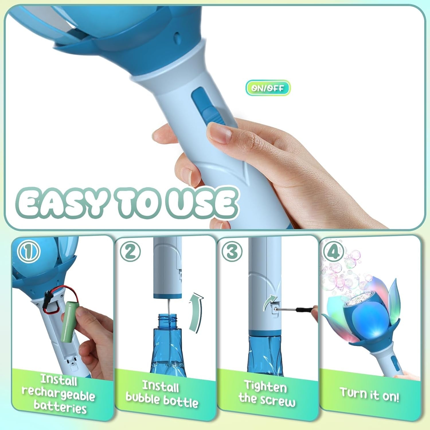 Lotus Bubble Wand for Kids LED Rechargeable Bubble Machine Blue