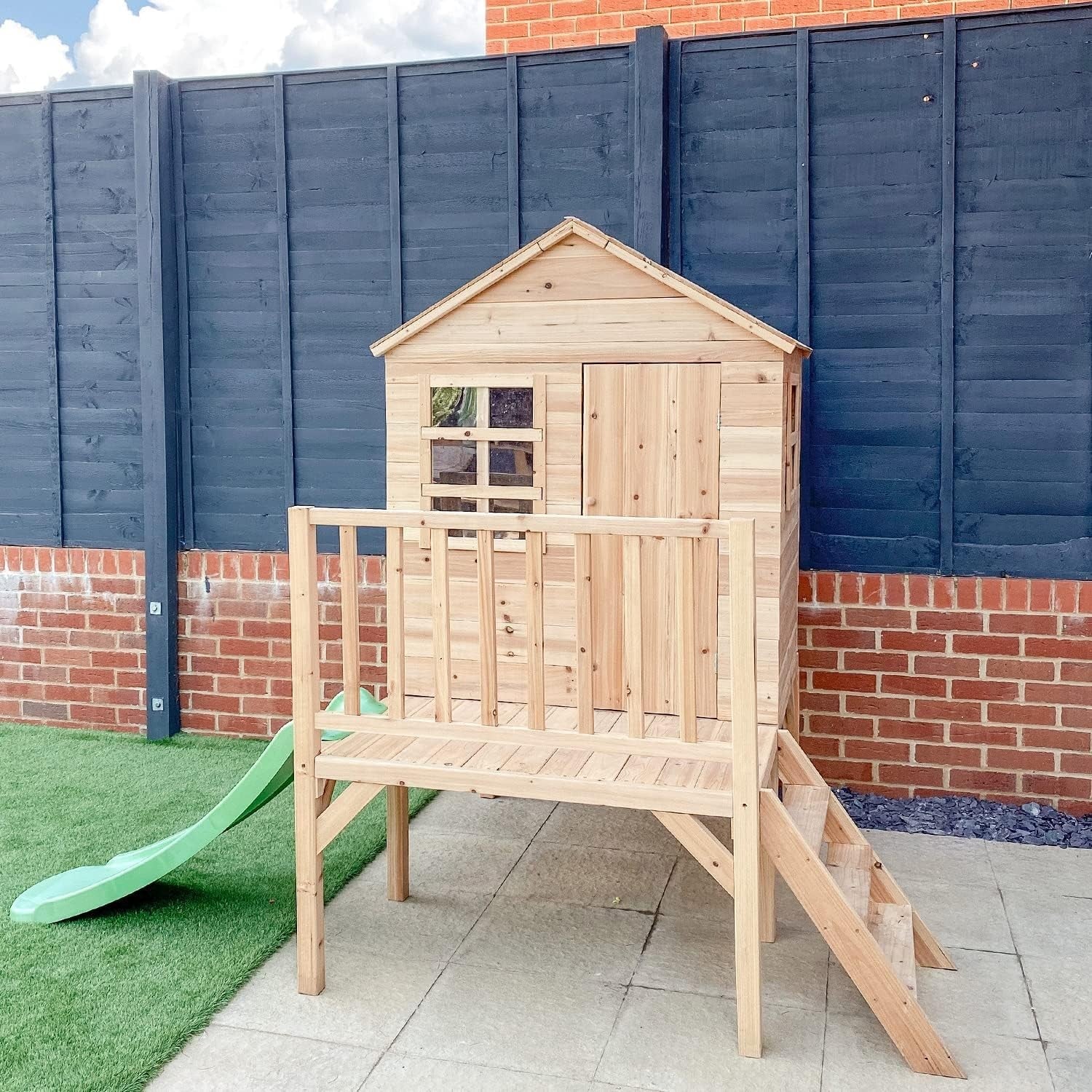 Wooden Kids Playhouse Tower with Slide Outdoor Garden Play Set