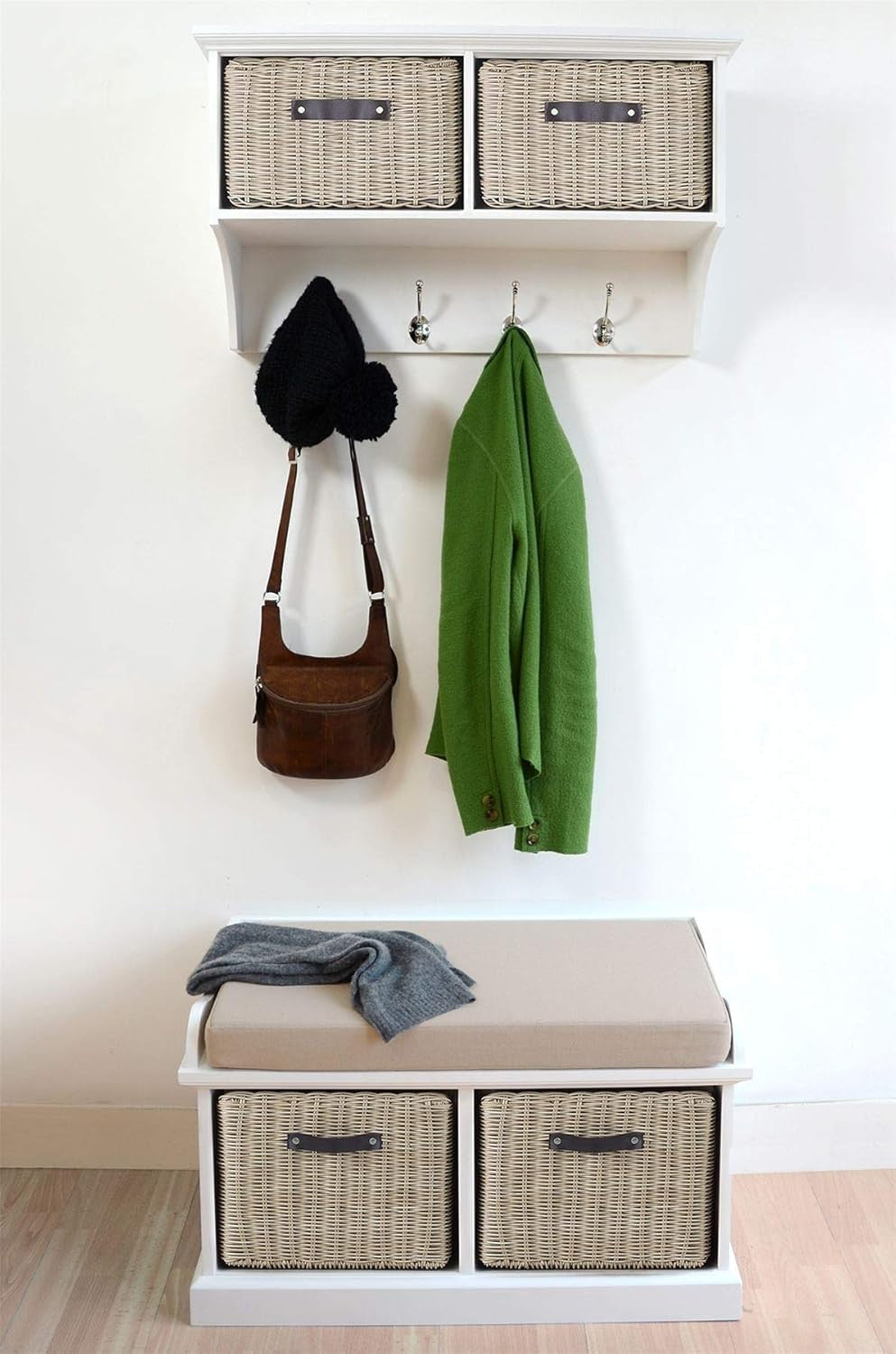 White Wall Mounted Coat Rack with Baskets & Hooks Hallway Storage Shelf Unit