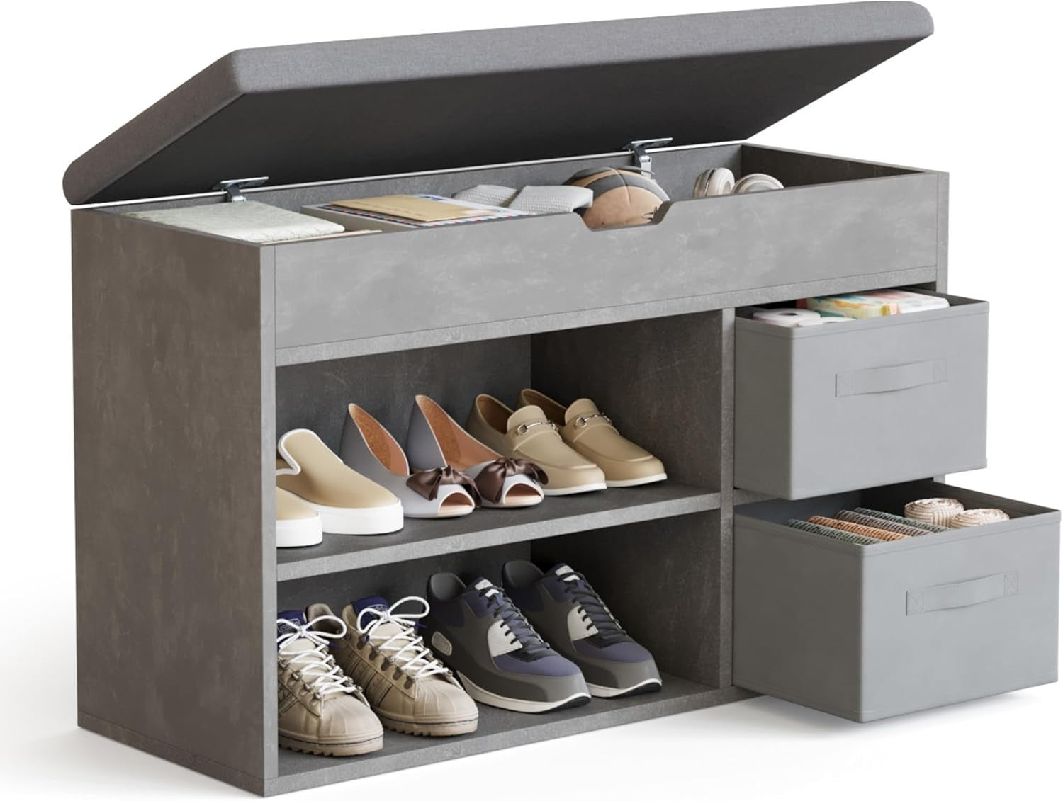 Mondeer Grey Shoe Bench with Storage Drawers & Cushion – Hallway Rack 8 Pairs